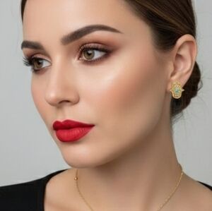 Elegant Gold Hamsa Earrings with Turquoise Accent